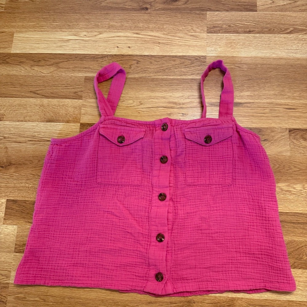 Evereve‎ Women's XL Tank Top Pink Cotton Button Front Double Gauze Summer Cami